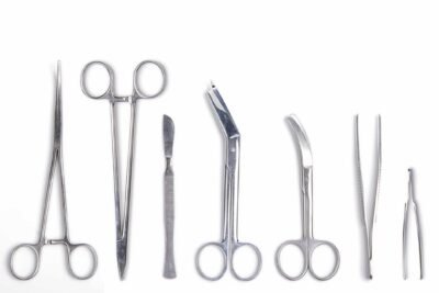 Surgeon tools – scalpel, forceps, clamps, scissors – isolated